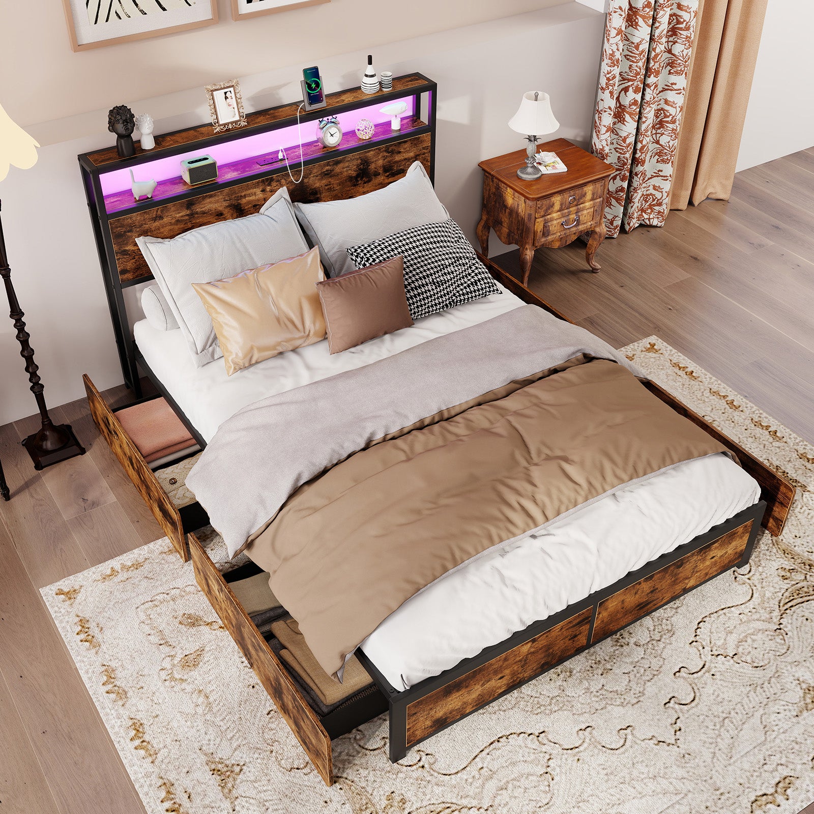 Full/Queen Size LED Bed Frame with Charging Station and 4 Storage Drawers-Full