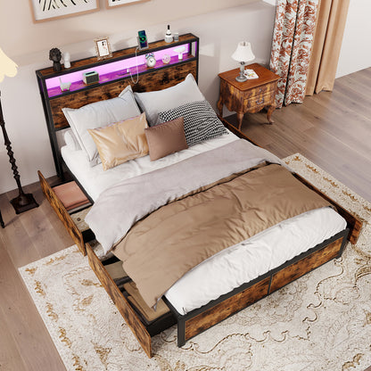 Full/Queen Size LED Bed Frame with Charging Station and 4 Storage Drawers-Full