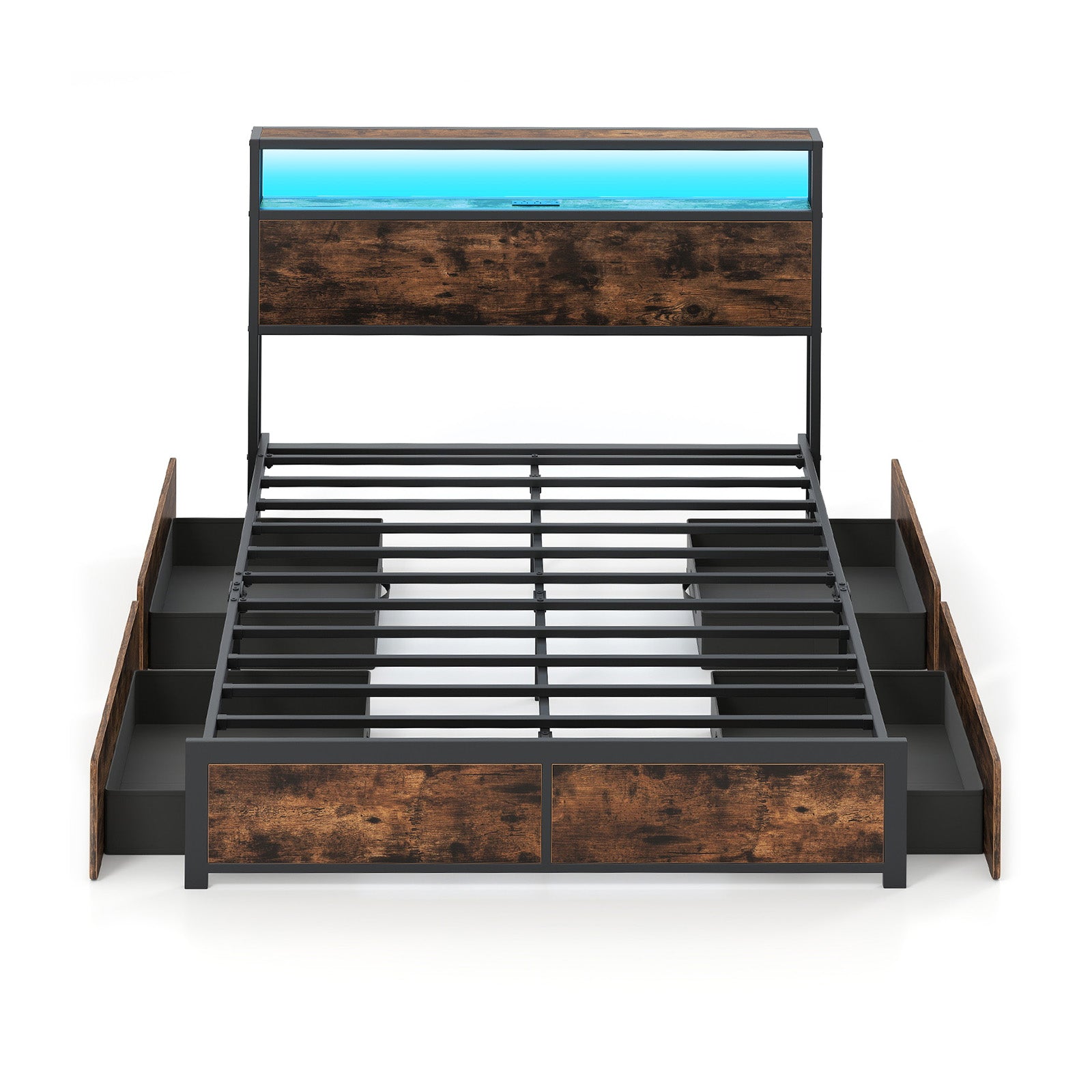 Full/Queen Size LED Bed Frame with Charging Station and 4 Storage Drawers-Full