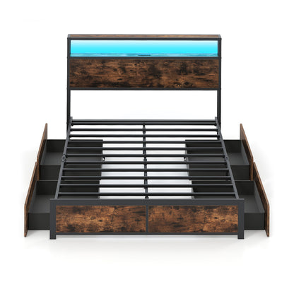 Full/Queen Size LED Bed Frame with Charging Station and 4 Storage Drawers-Full