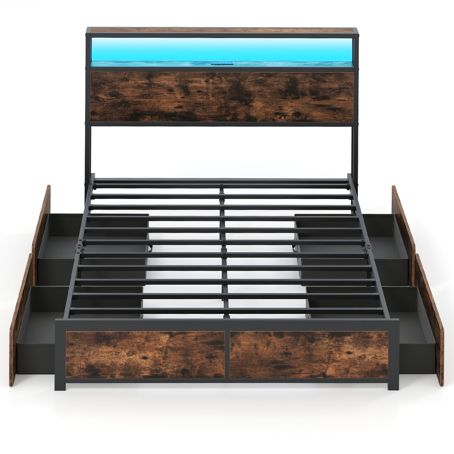 Full/Queen Size LED Bed Frame with Charging Station and 4 Storage Drawers-Full