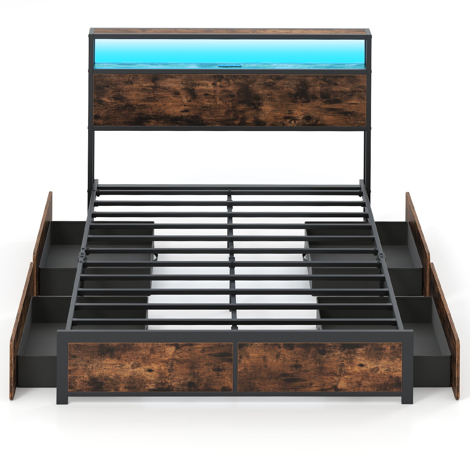 Full/Queen Size LED Bed Frame with Charging Station and 4 Storage Drawers-Full