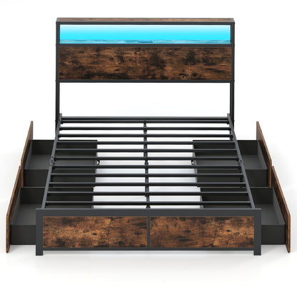 Full/Queen Size LED Bed Frame with Charging Station and 4 Storage Drawers-Full