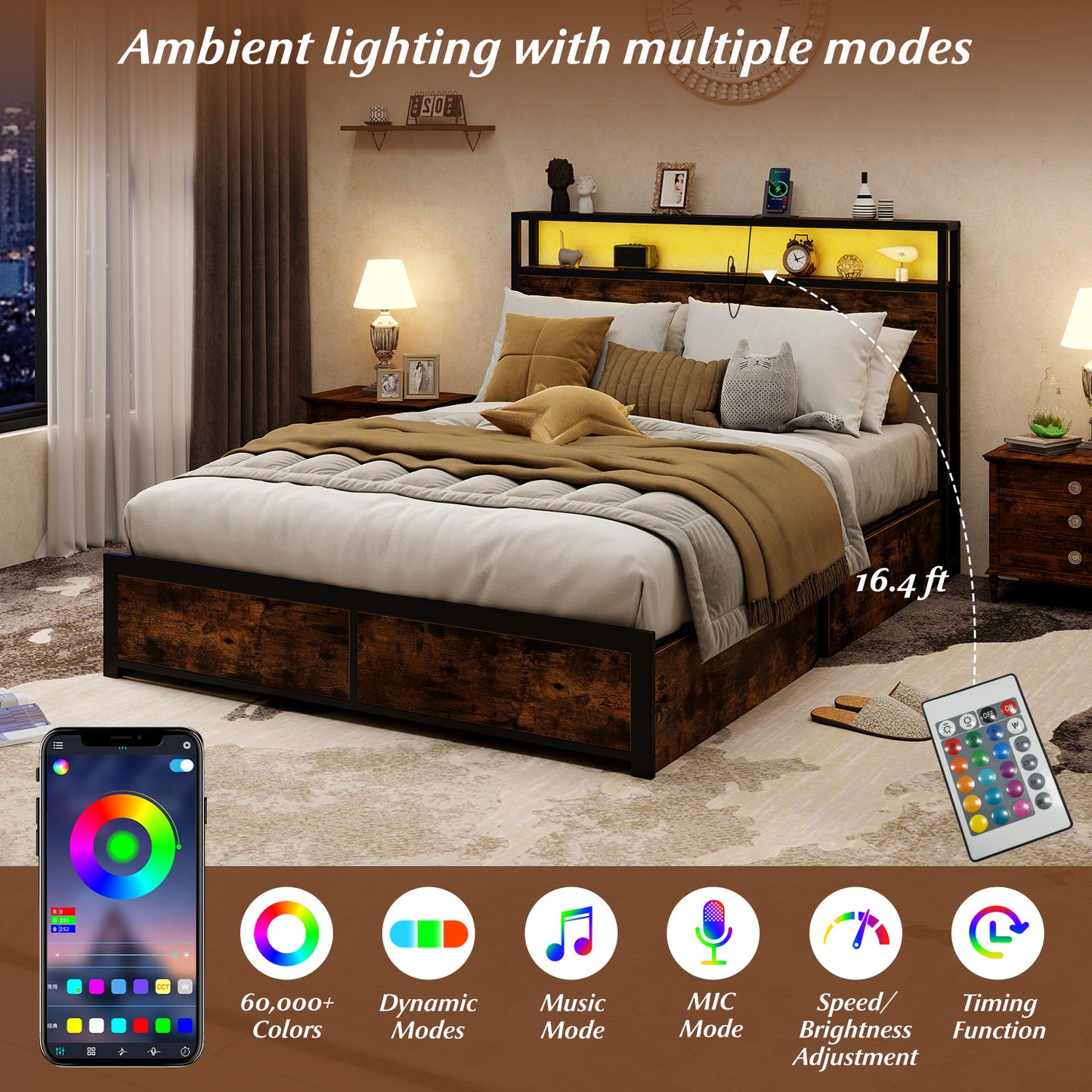 Full/Queen Size LED Bed Frame with Charging Station and 4 Storage Drawers-Full