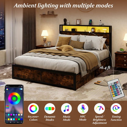 Full/Queen Size LED Bed Frame with Charging Station and 4 Storage Drawers-Full