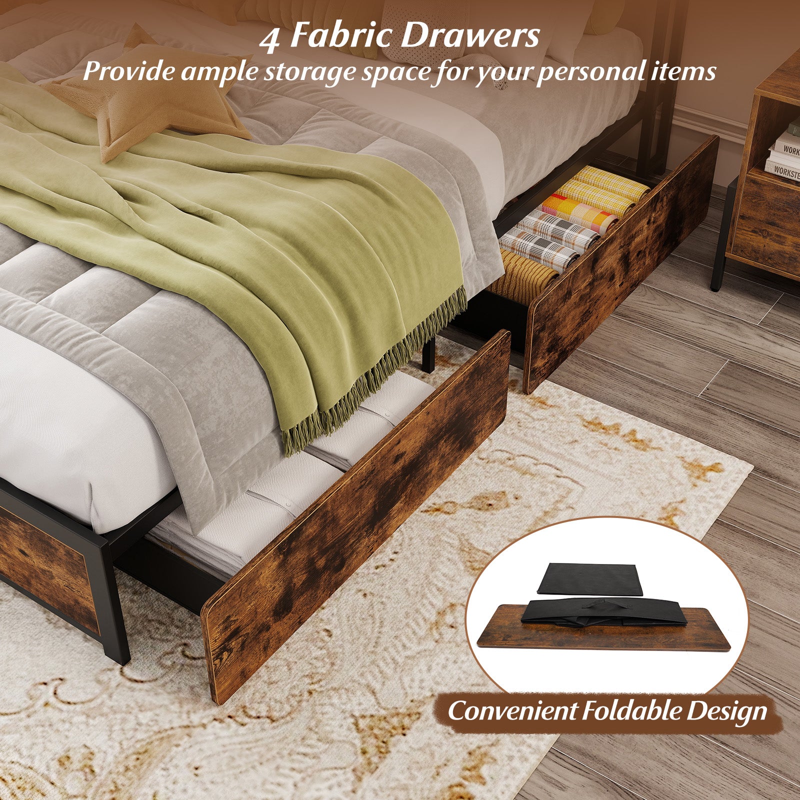 Full/Queen Size LED Bed Frame with Charging Station and 4 Storage Drawers-Full