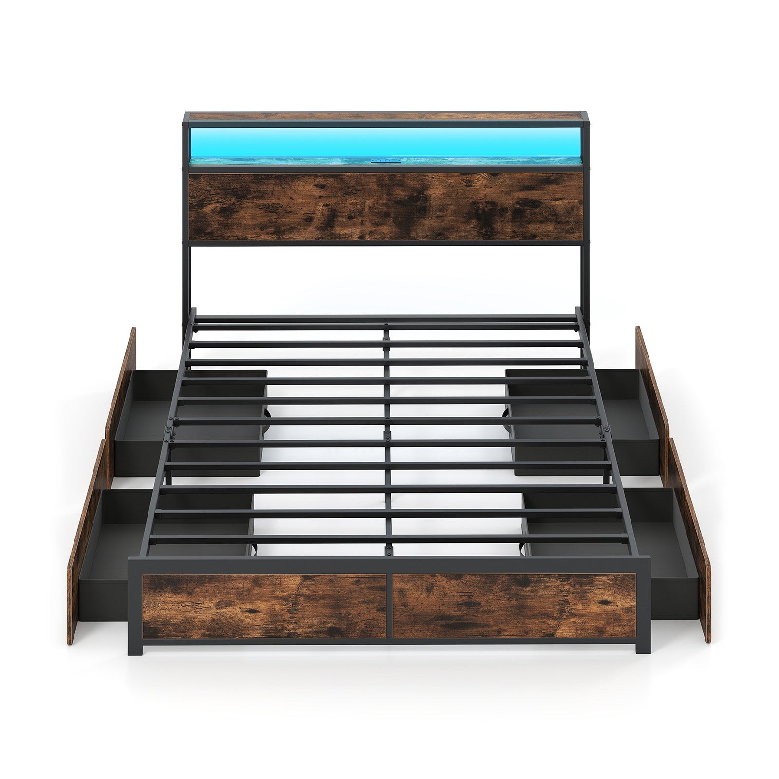 Full/Queen Size LED Bed Frame with Charging Station and 4 Storage Drawers-Queen