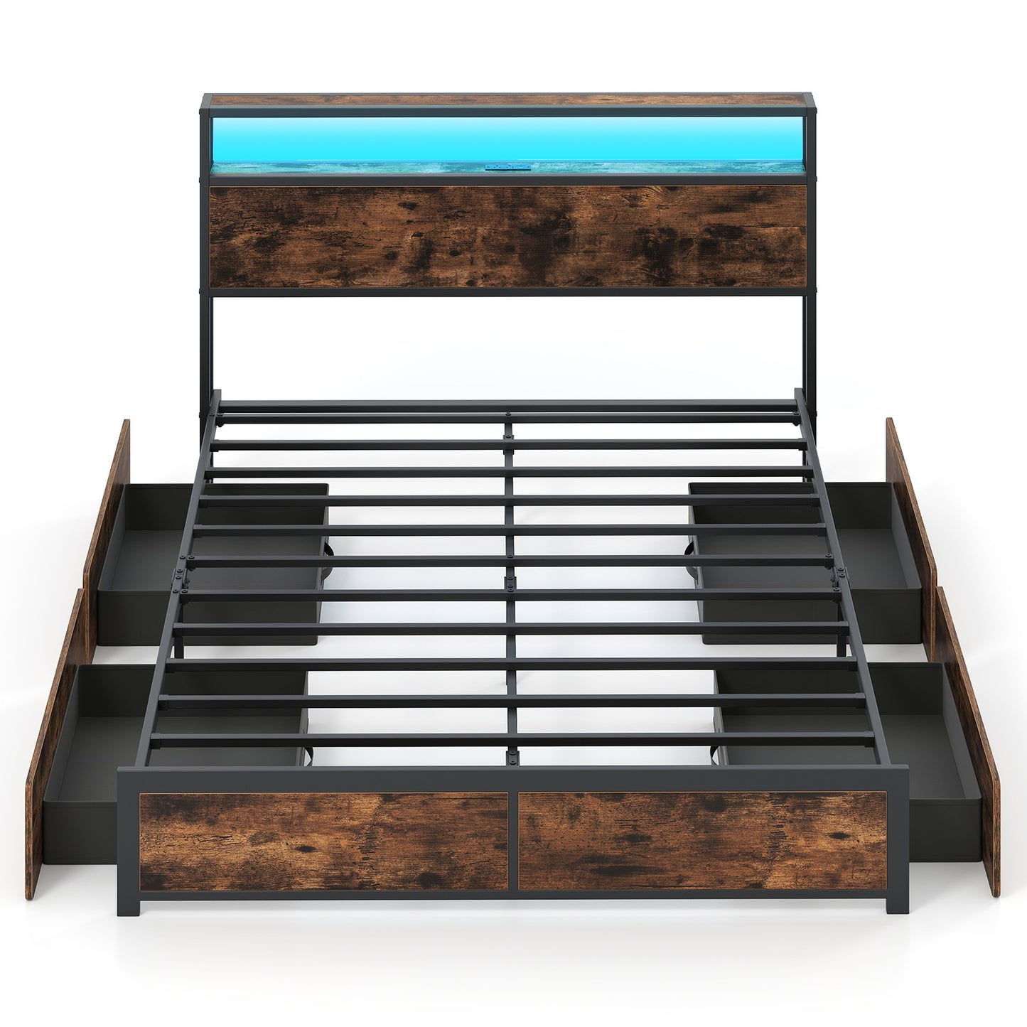 Full/Queen Size LED Bed Frame with Charging Station and 4 Storage Drawers-Queen