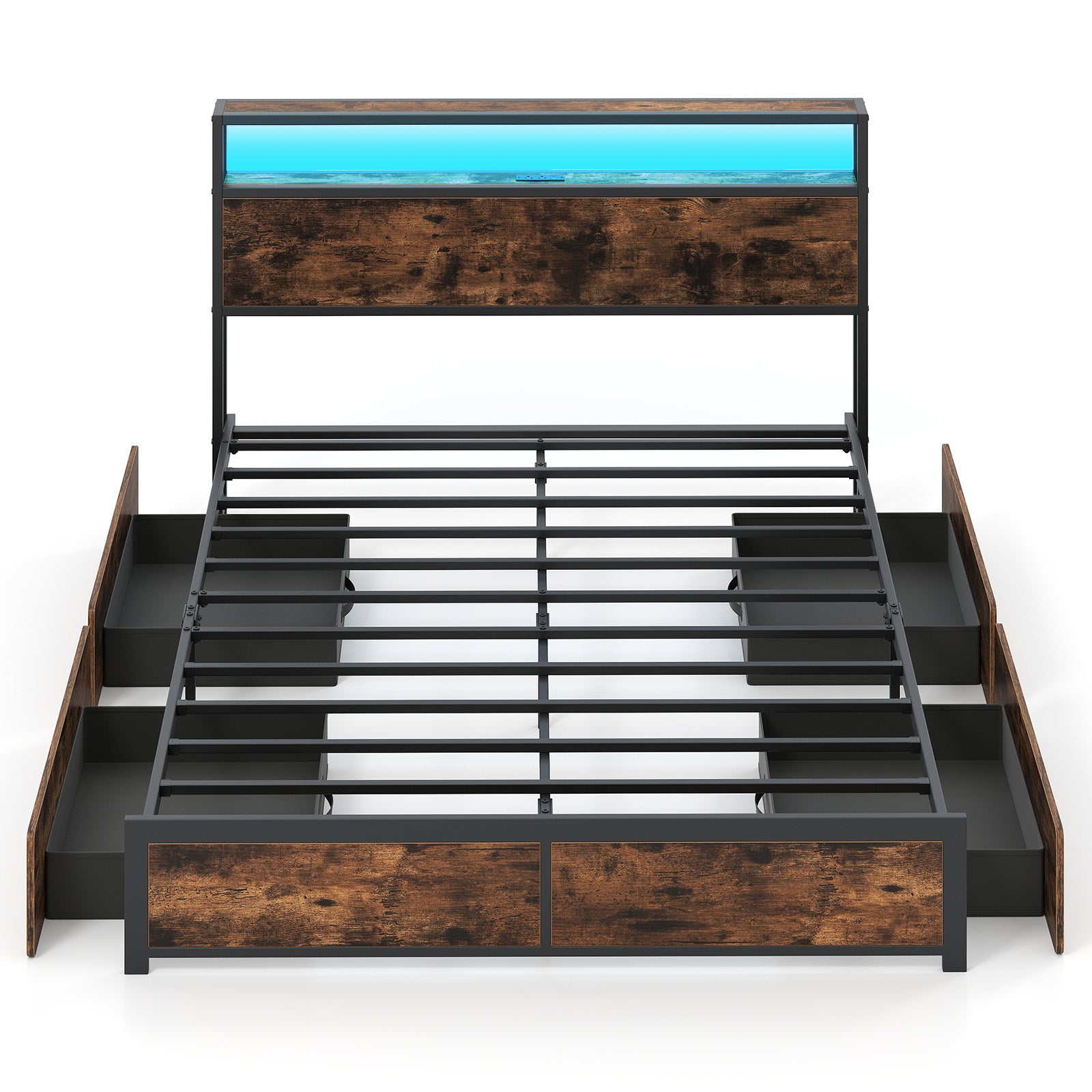 Full/Queen Size LED Bed Frame with Charging Station and 4 Storage Drawers-Queen