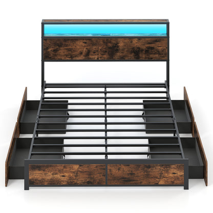Full/Queen Size LED Bed Frame with Charging Station and 4 Storage Drawers-Queen