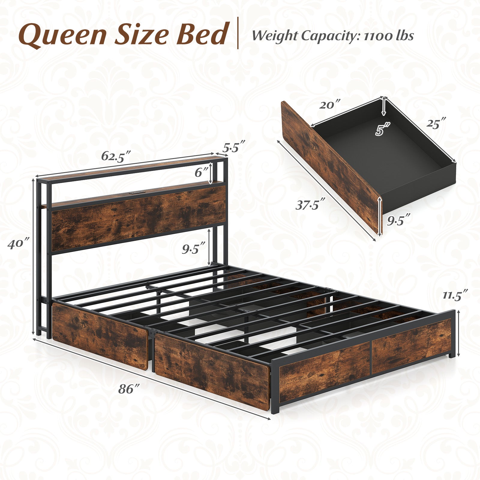 Full/Queen Size LED Bed Frame with Charging Station and 4 Storage Drawers-Queen