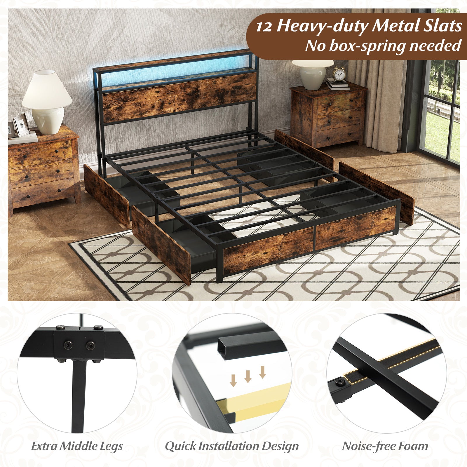 Full/Queen Size LED Bed Frame with Charging Station and 4 Storage Drawers-Queen