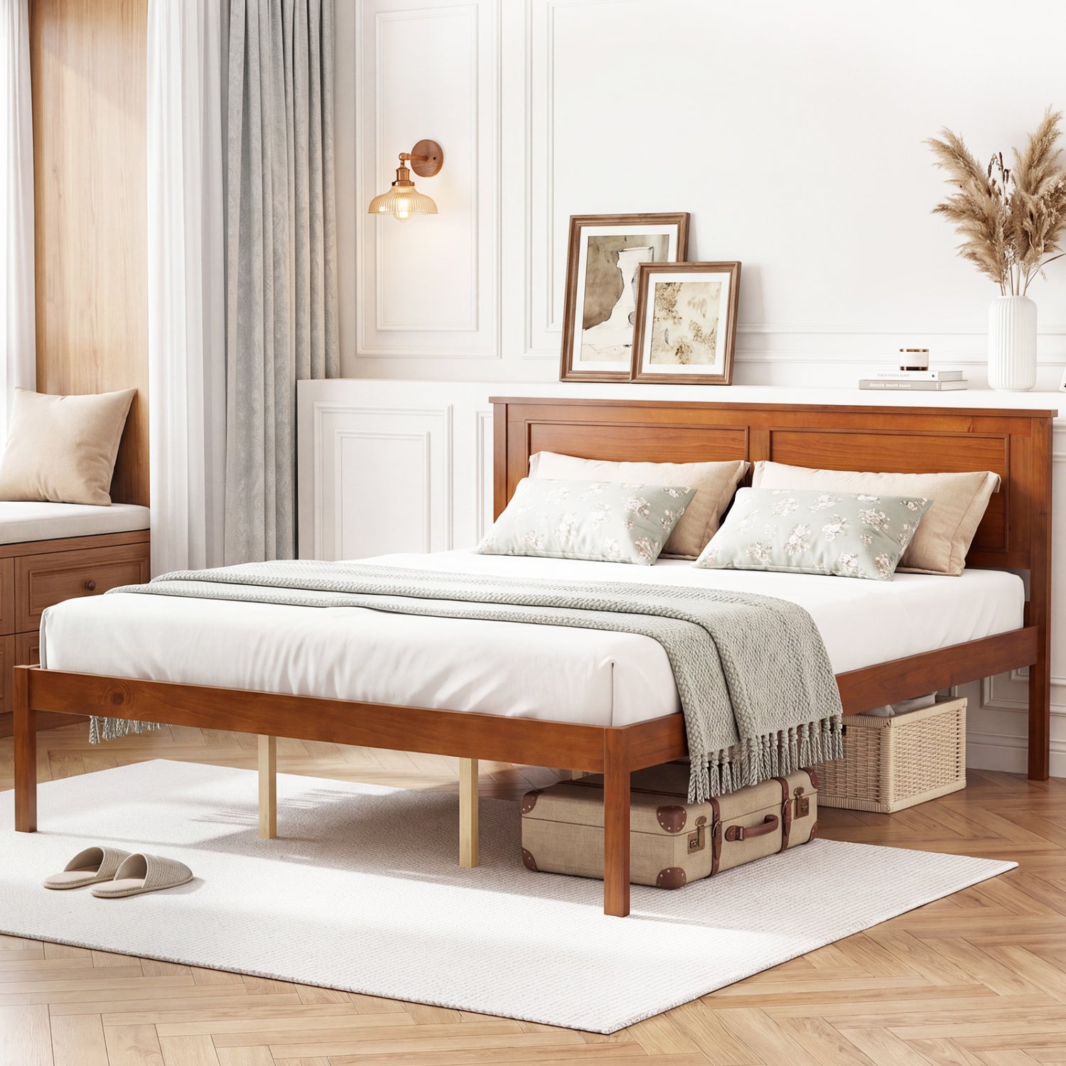 Full/Queen/Twin Size Bed Frame Farmhouse Wooden Platform Bed with Headboard