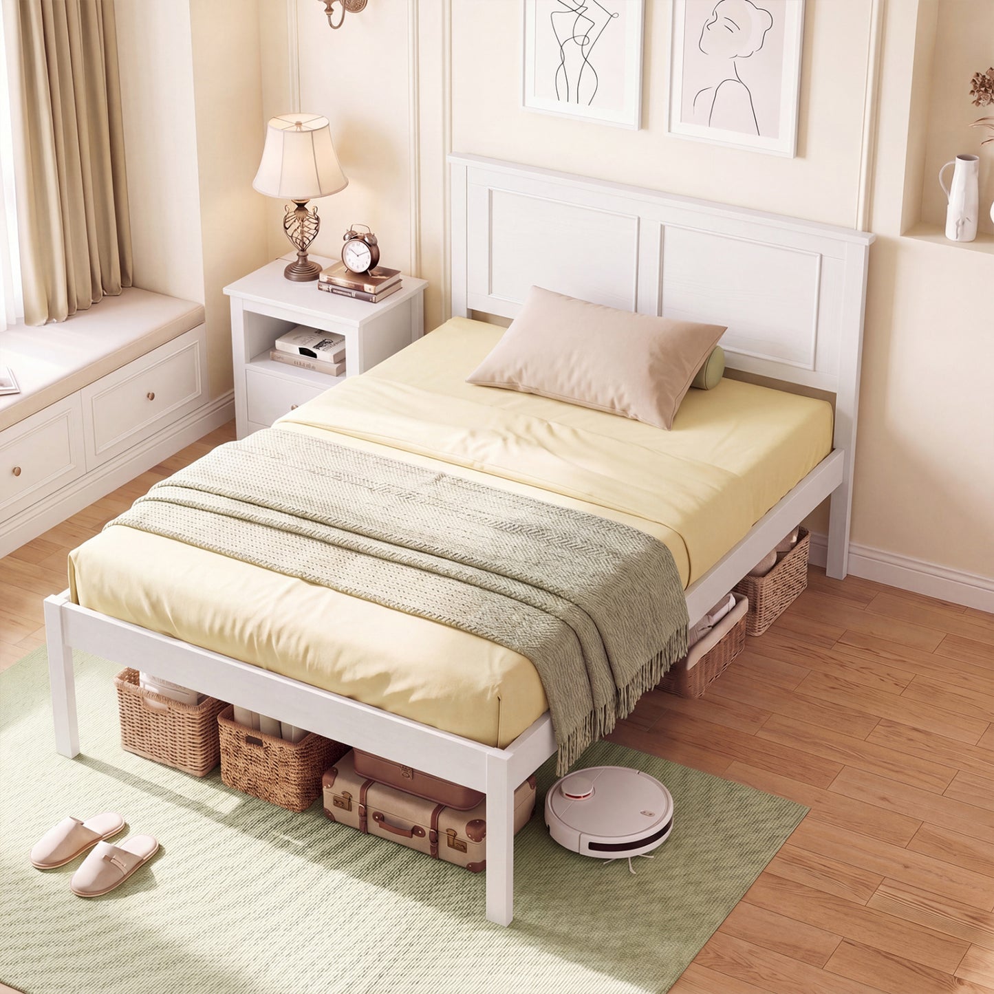 Full/Queen/Twin Size Bed Frame Farmhouse Wooden Platform Bed with Headboard White