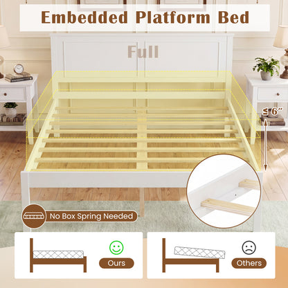 Full/Queen/Twin Size Bed Frame Farmhouse Wooden Platform Bed with Headboard White