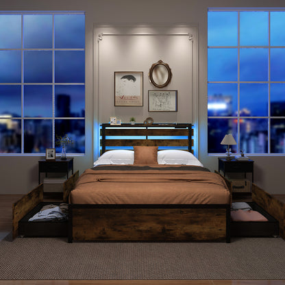 Full/Queen/Twin Size Bed Frame with Drawers LED Lights and USB Ports