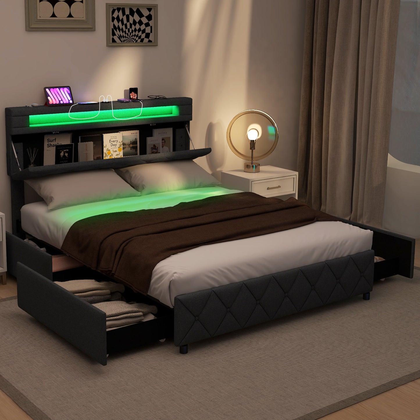Full/Queen Size Bed Frame with Adjustable Storage Headboard and Wooden Slat Support