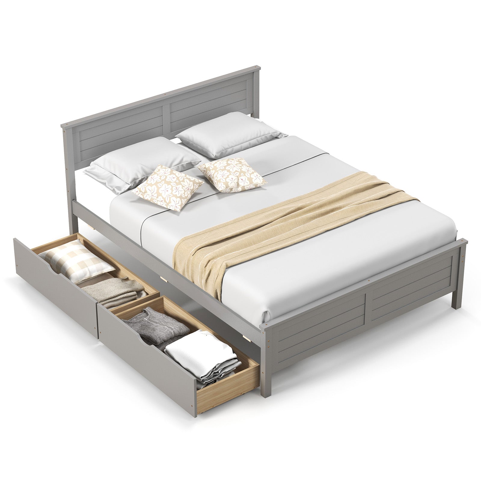 Full Size Bed Frame with Storage Drawers and Solid Wood Headboard-Espresso - Gray