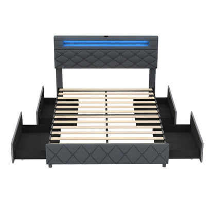 Full/Queen Size Bed Frame with Adjustable Storage Headboard and Wooden Slat Support
