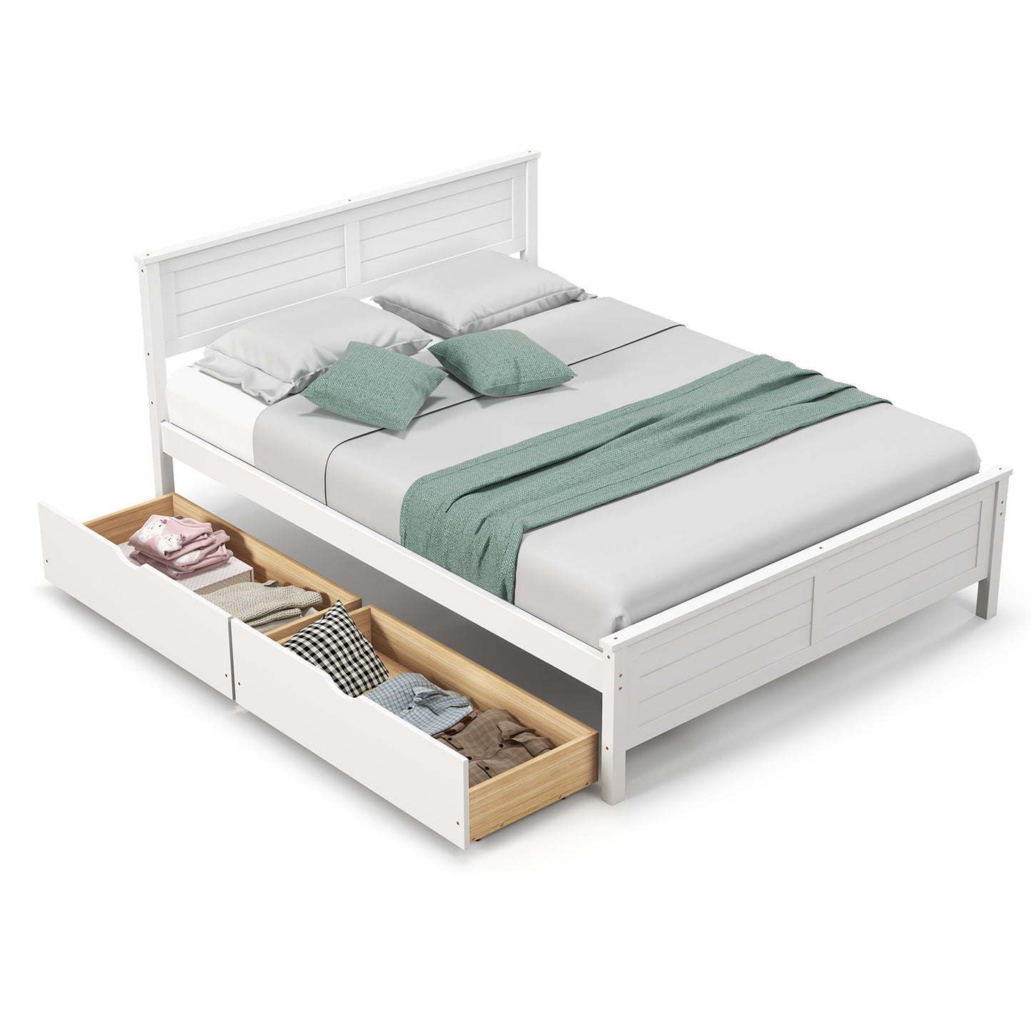 Full Size Bed Frame with Storage Drawers and Solid Wood Headboard-Espresso - White