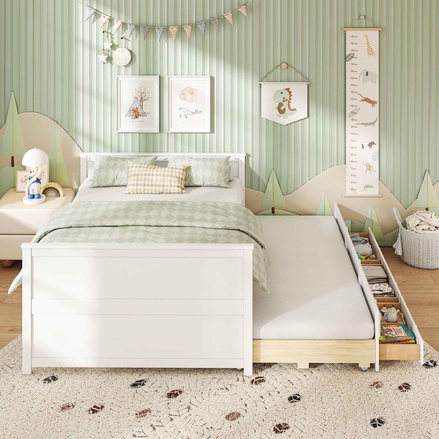 Full Size Bed Frame with Twin Trundle and 3 Storage Drawers for Teens Adults-White