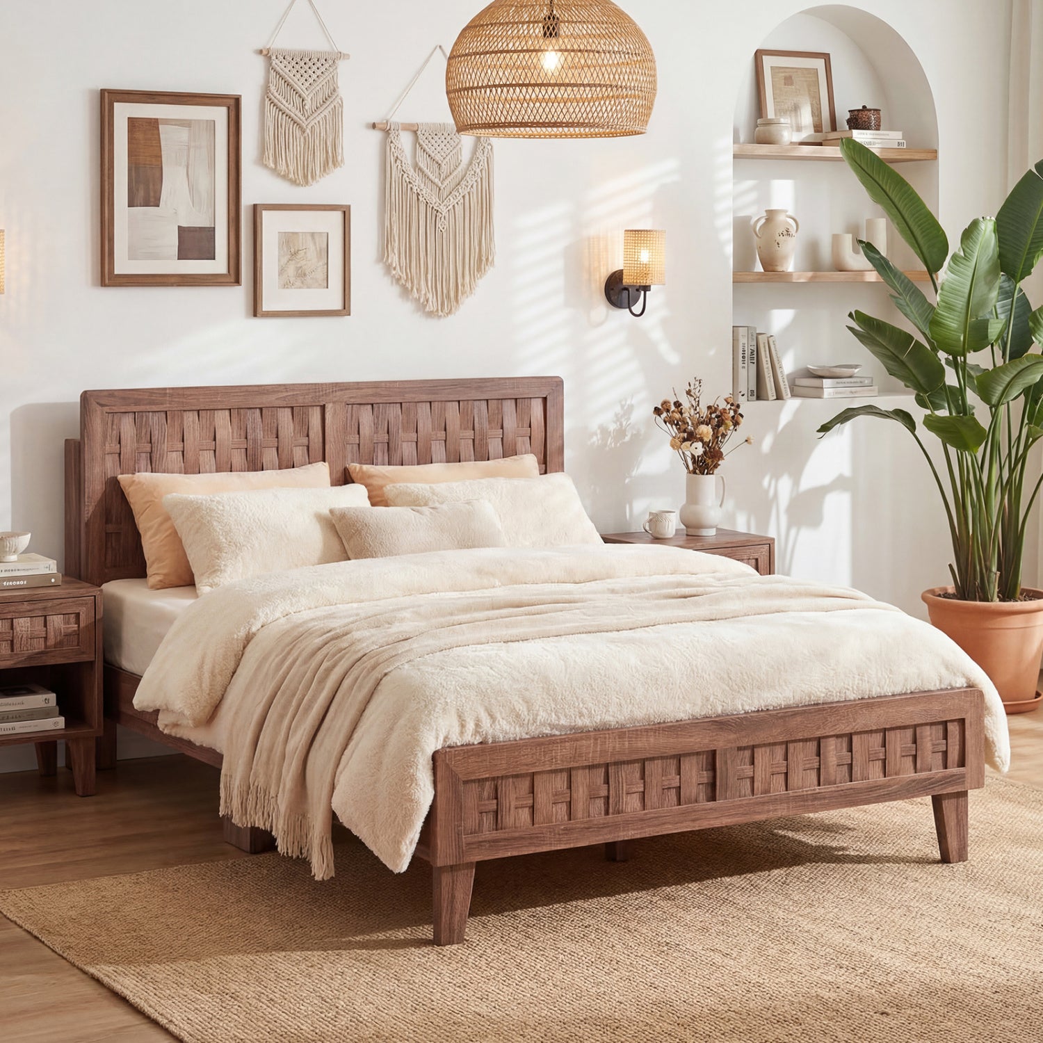 Twin Size Bed Frame Mid Century with Woven Accent Headboard
