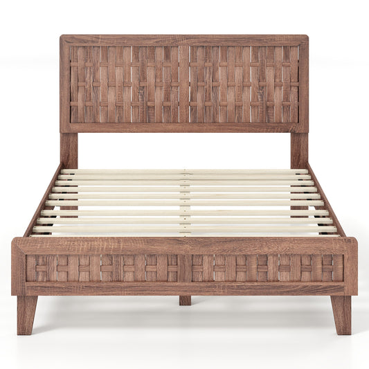 Twin Size Bed Frame Mid Century with Woven Accent Headboard