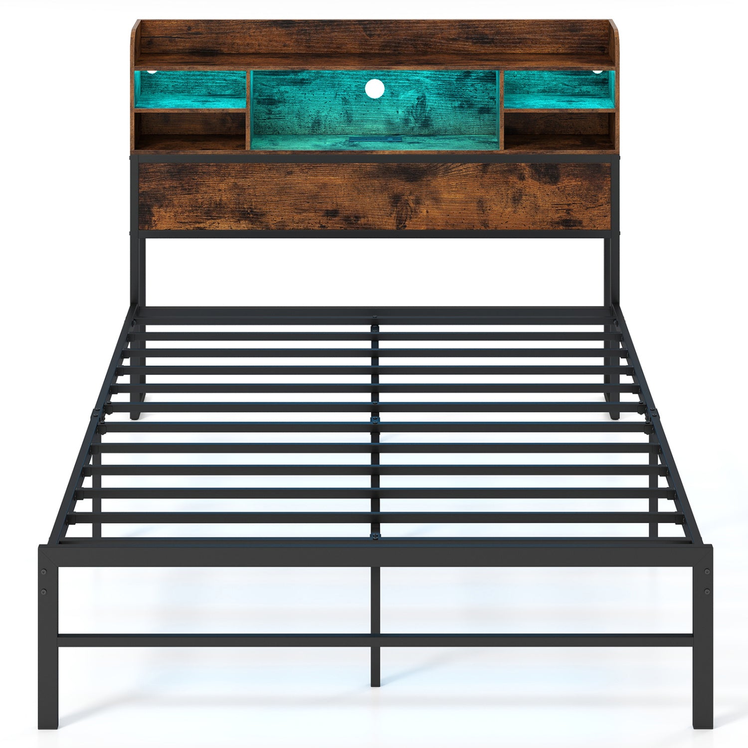 Full Size Bed Frame with Headboard LED Lights and Charging Station