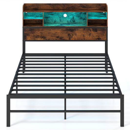 Full Size Bed Frame with Headboard LED Lights and Charging Station
