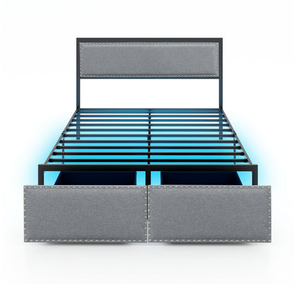Full/Queen/Twin Size Bed Frame with LED Lights Drawer and Metal Slats