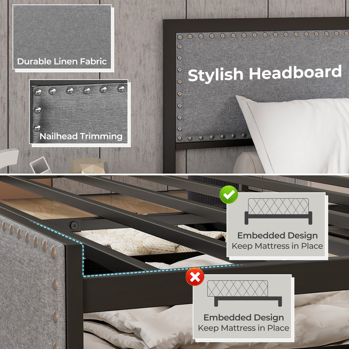 Full/Queen/Twin Size Bed Frame with LED Lights Drawer and Metal Slats