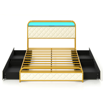 Twin/Full/Queen Size Bed Frame with LED Lights and Charging Station Gold