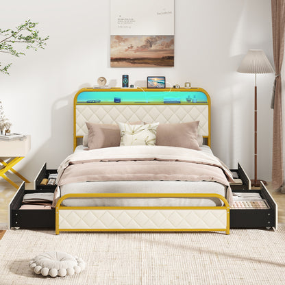 Twin/Full/Queen Size Bed Frame with LED Lights and Charging Station Gold
