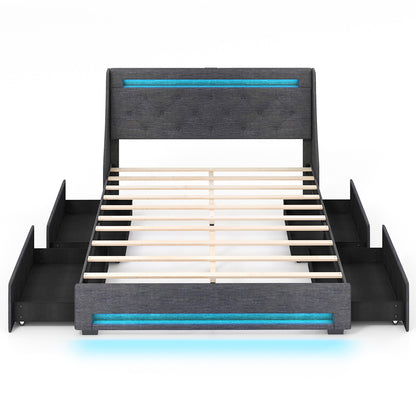 Full Size Bed Frame with LED Lights Wingback Headboard and Charging Station-Grey