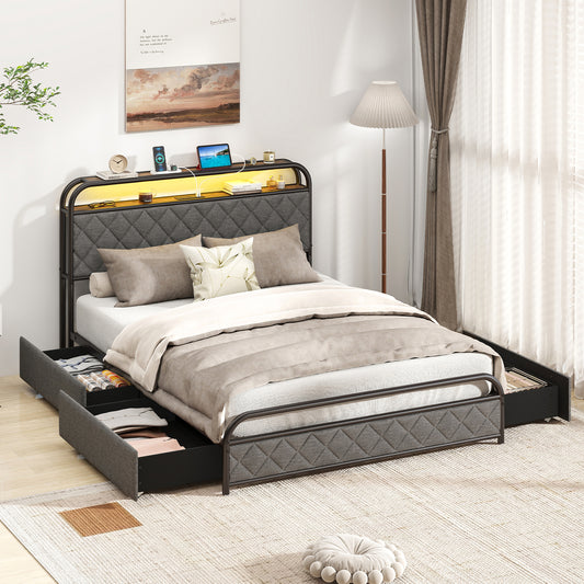 Twin/Full/Queen Size Bed Frame with LED Lights and Charging Station