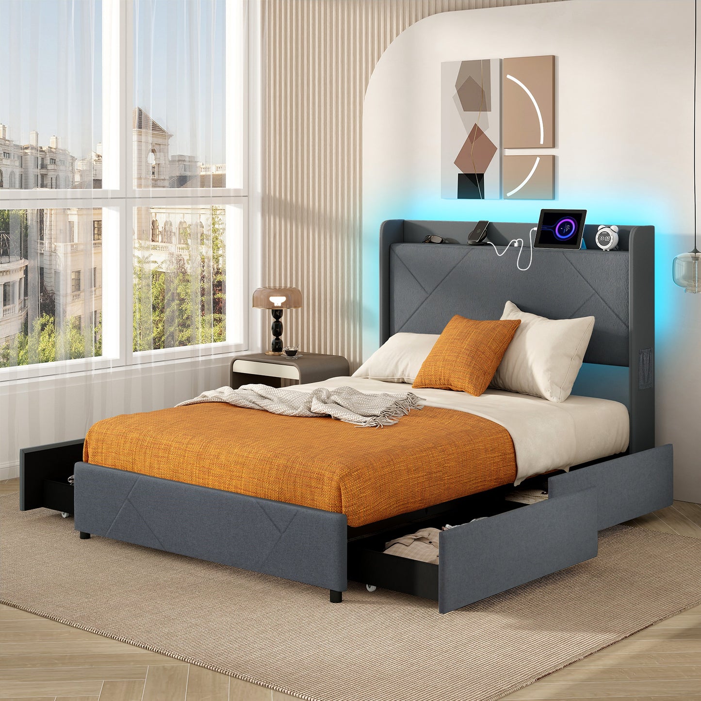 Full/Queen Size Bed Frame with LED Lights and Charging Station