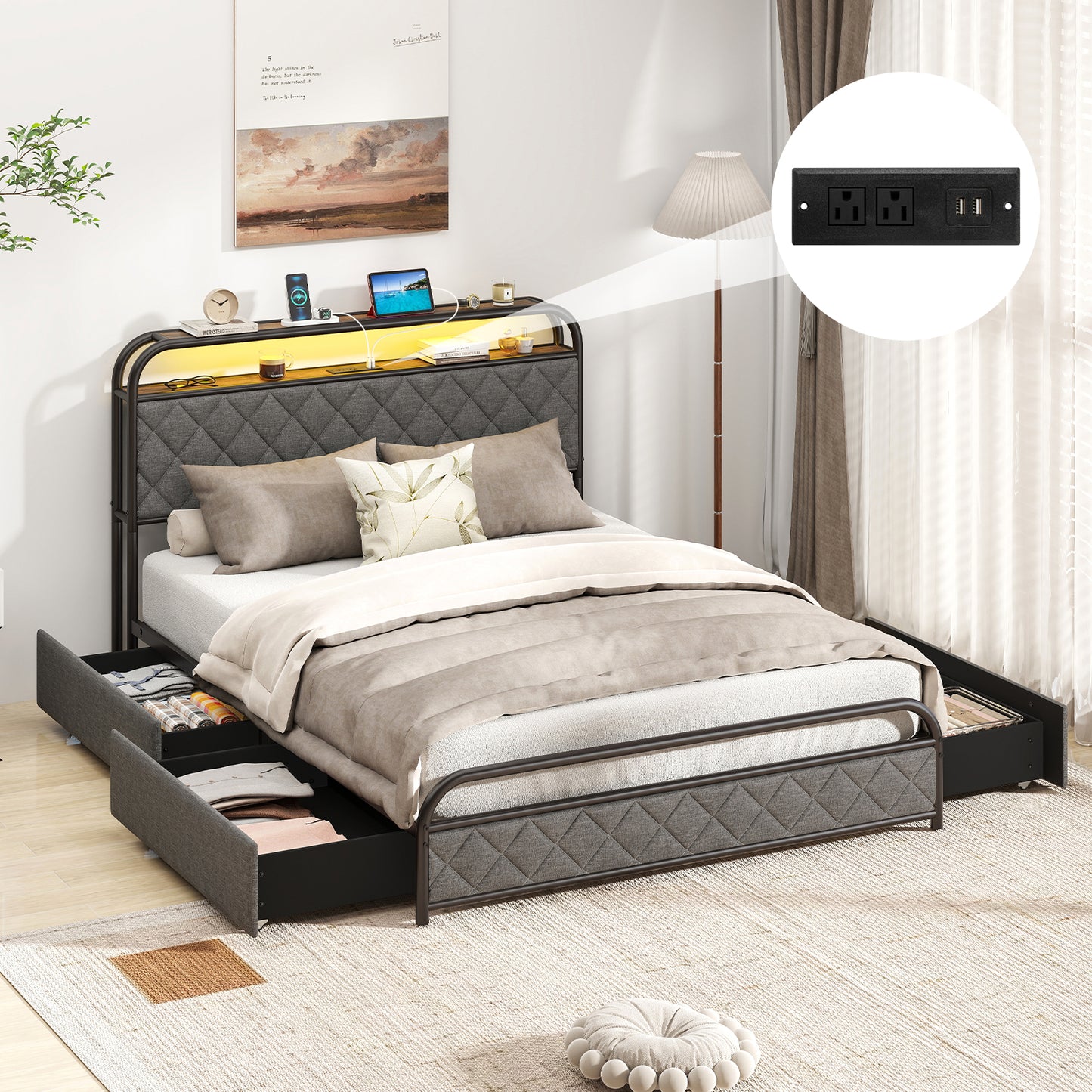 Twin/Full/Queen Size Bed Frame with LED Lights and Charging Station