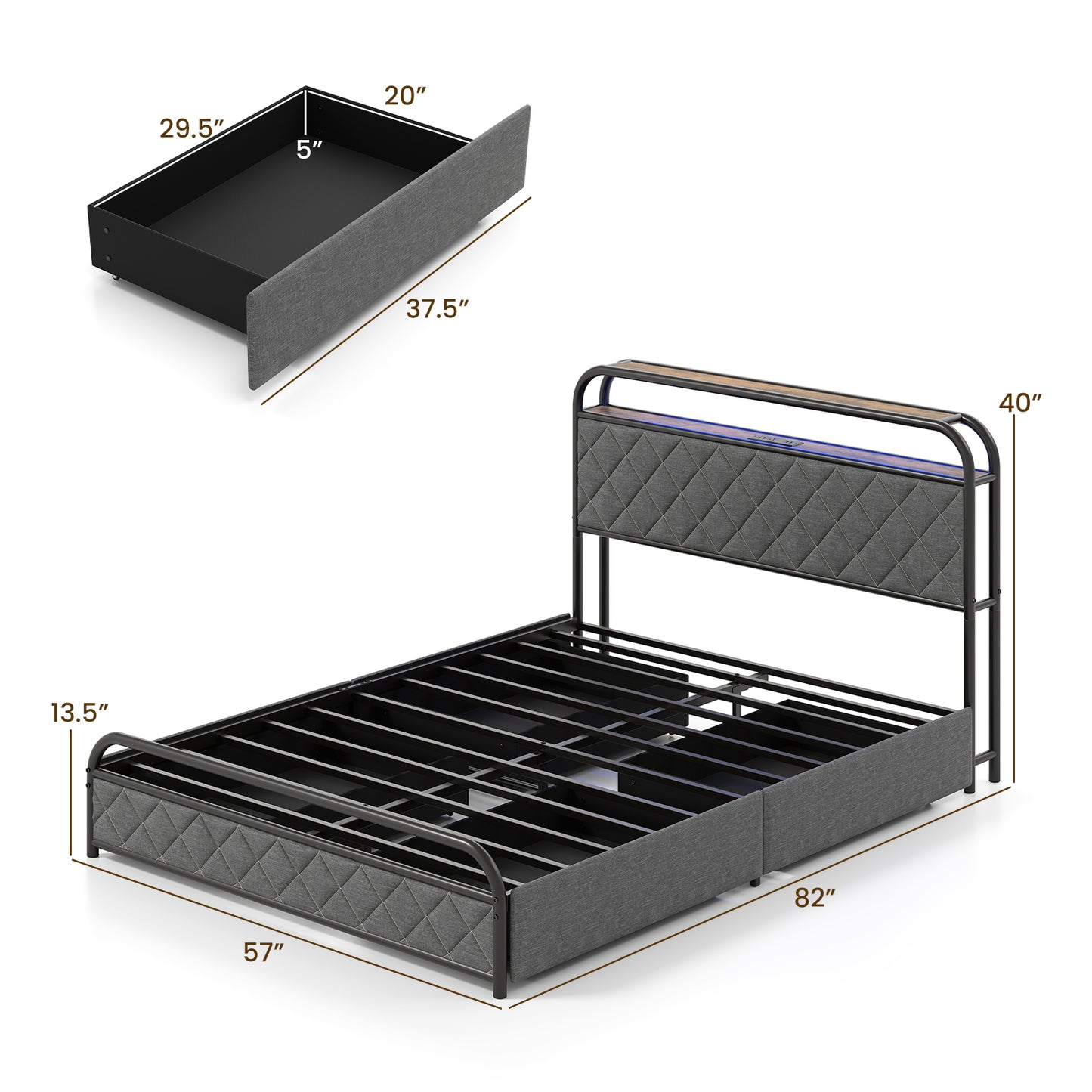 Twin/Full/Queen Size Bed Frame with LED Lights and Charging Station