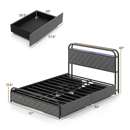 Twin/Full/Queen Size Bed Frame with LED Lights and Charging Station