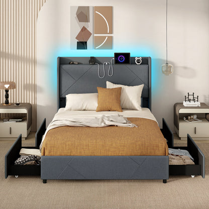 Full/Queen Size Bed Frame with LED Lights and Charging Station