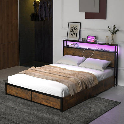 Full/Queen Size Bed Frame with Smart LED Lights and Storage Drawers