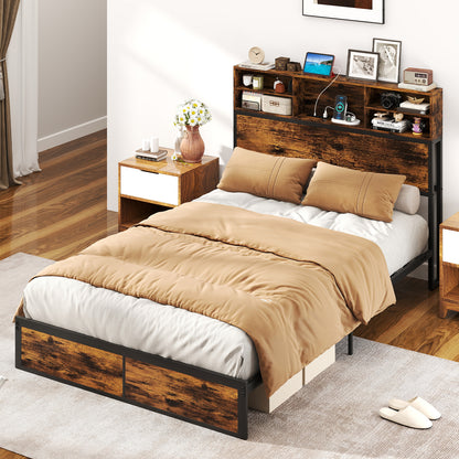 Twin/Full/Queen/King Size Bed Frame with Storage Headboard Industrial Metal Platform Bed