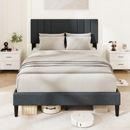Full/Queen/Twin Size Bed Frame with Vertical Channel Tufted Headboard and Wooden Slats