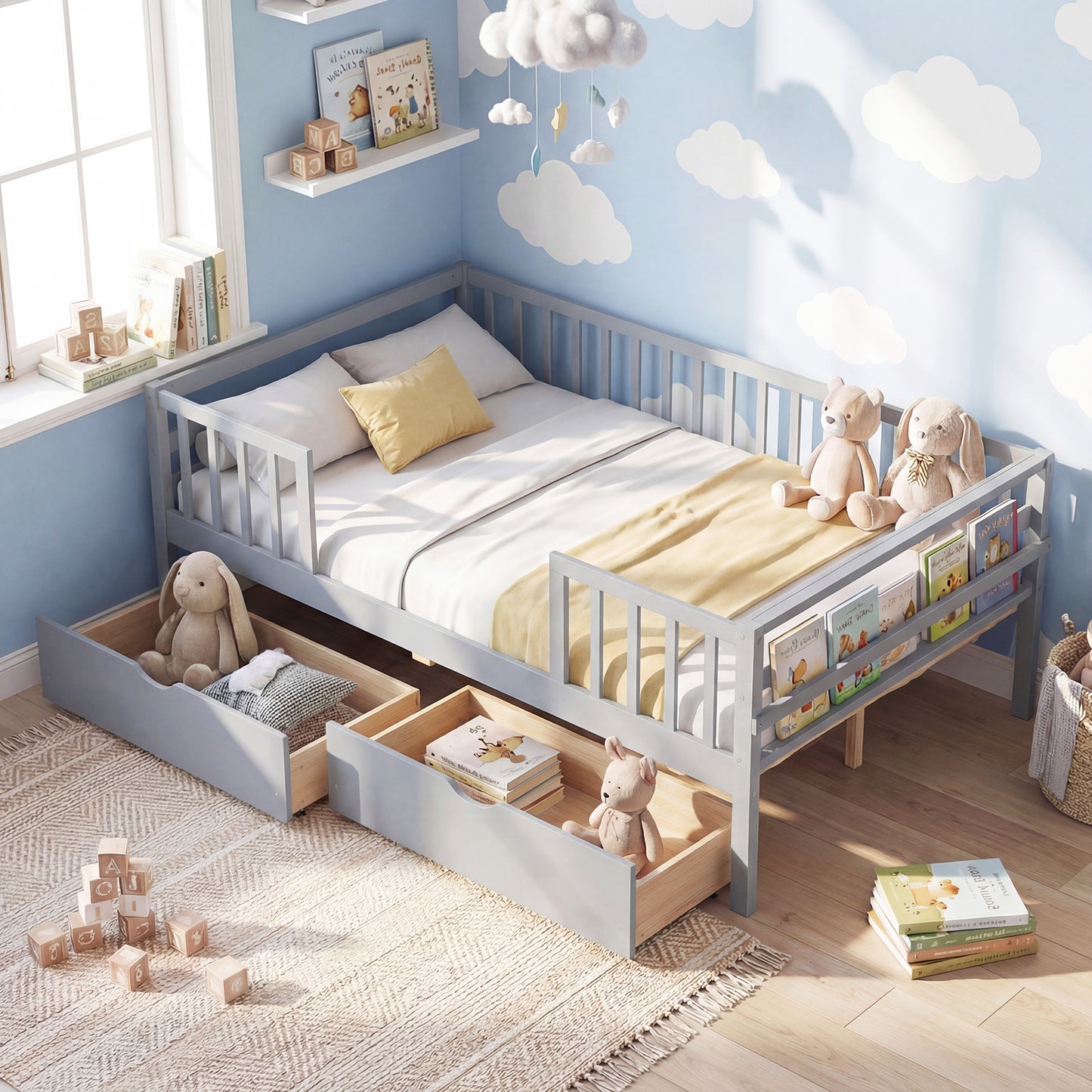 Full Size Daybed with Fence and 2 Drawers for Boys and Girls-Gray