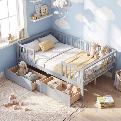 Full Size Daybed with Fence and 2 Drawers for Boys and Girls-Gray