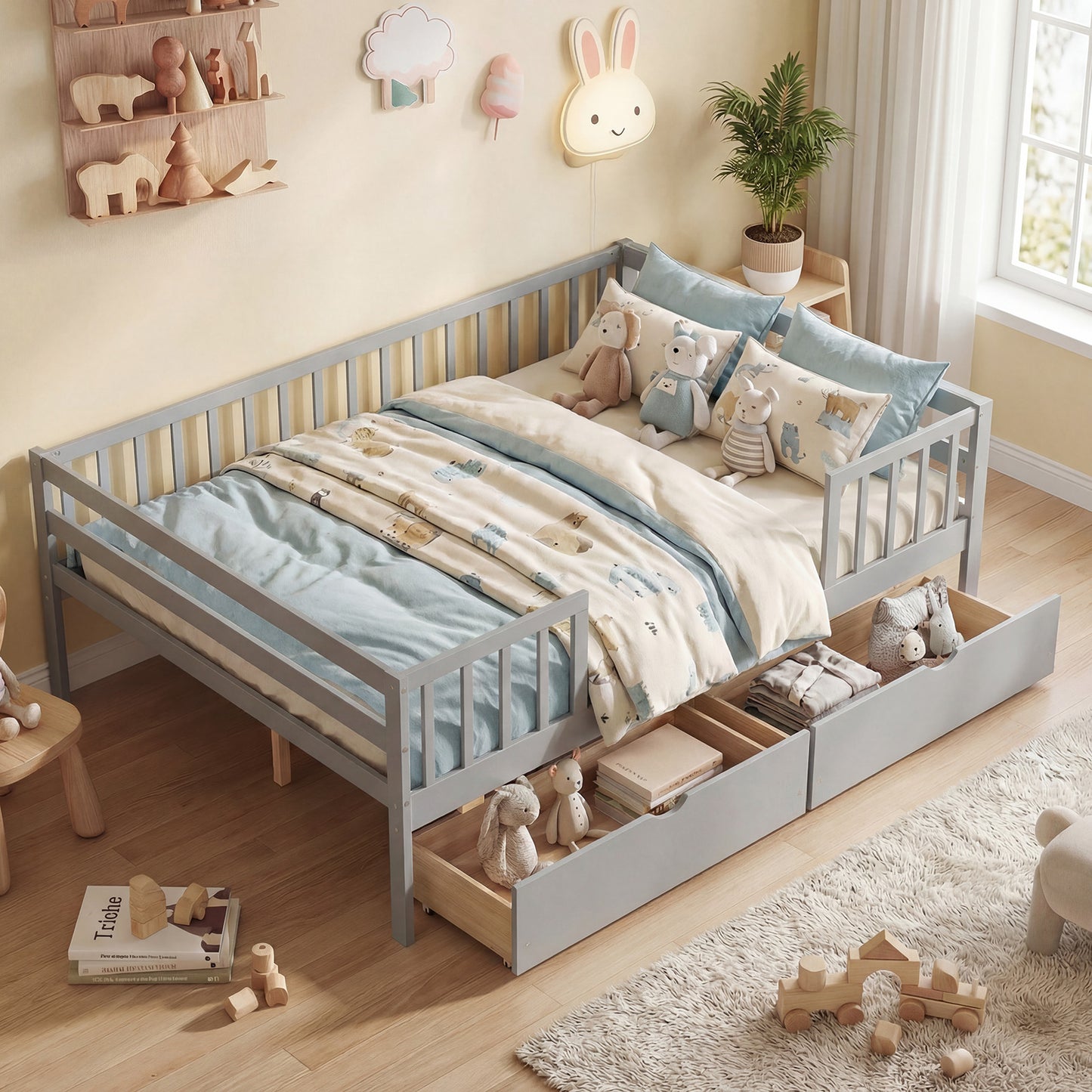 Full Size Daybed with Fence and 2 Drawers for Boys and Girls-Gray