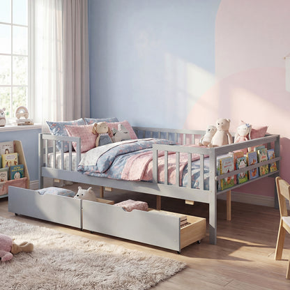 Full Size Daybed with Fence and 2 Drawers for Boys and Girls-Gray