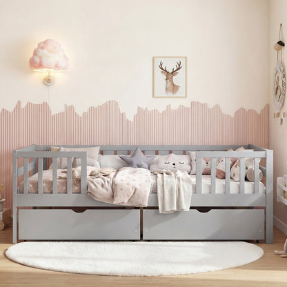 Full Size Daybed with Fence and 2 Drawers for Boys and Girls-Gray
