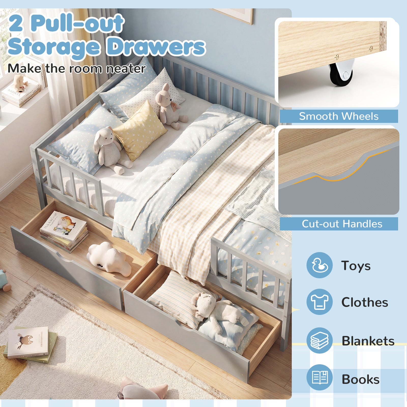 Full Size Daybed with Fence and 2 Drawers for Boys and Girls-Gray