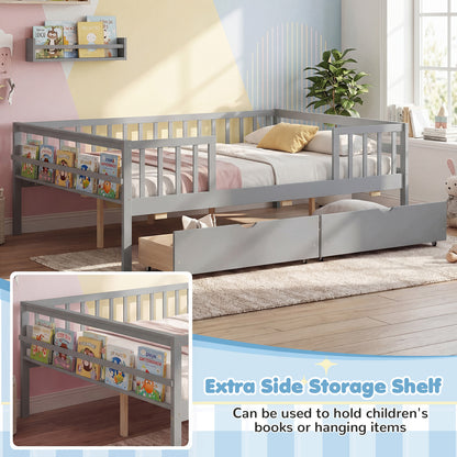 Full Size Daybed with Fence and 2 Drawers for Boys and Girls-Gray